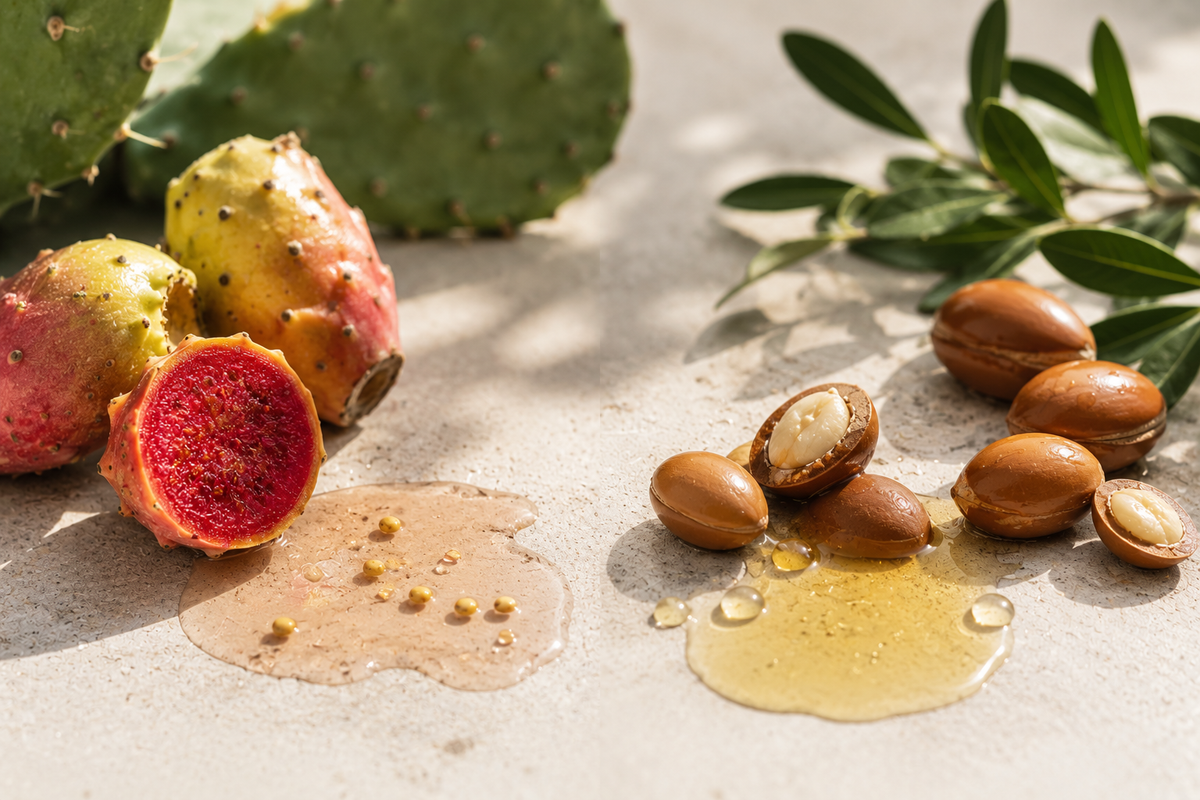 Cactusvijgen en arganpitten met olie naast elkaar