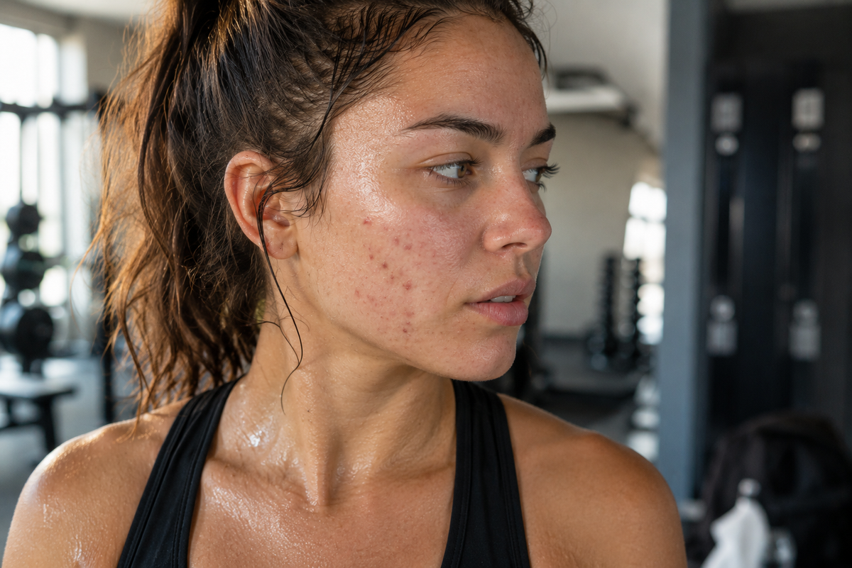 Zwetende vrouwelijke sporter met acne in de sportschool
