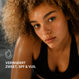 Sportend model met zweet; cleanser verwijdert zweet, SPF en vuil